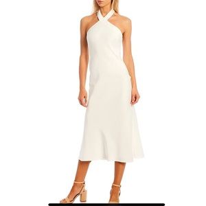 White Satin Midi Dress Cross Halter Neck - Aidan Mattox Sleevless wedding